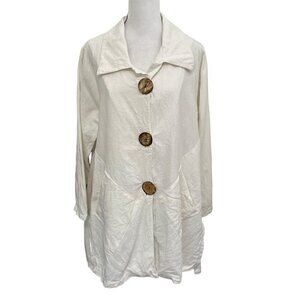 Kaya 100% Linen Lagenlook Wood Button Front Blouse Tunic Pockets White size S/M